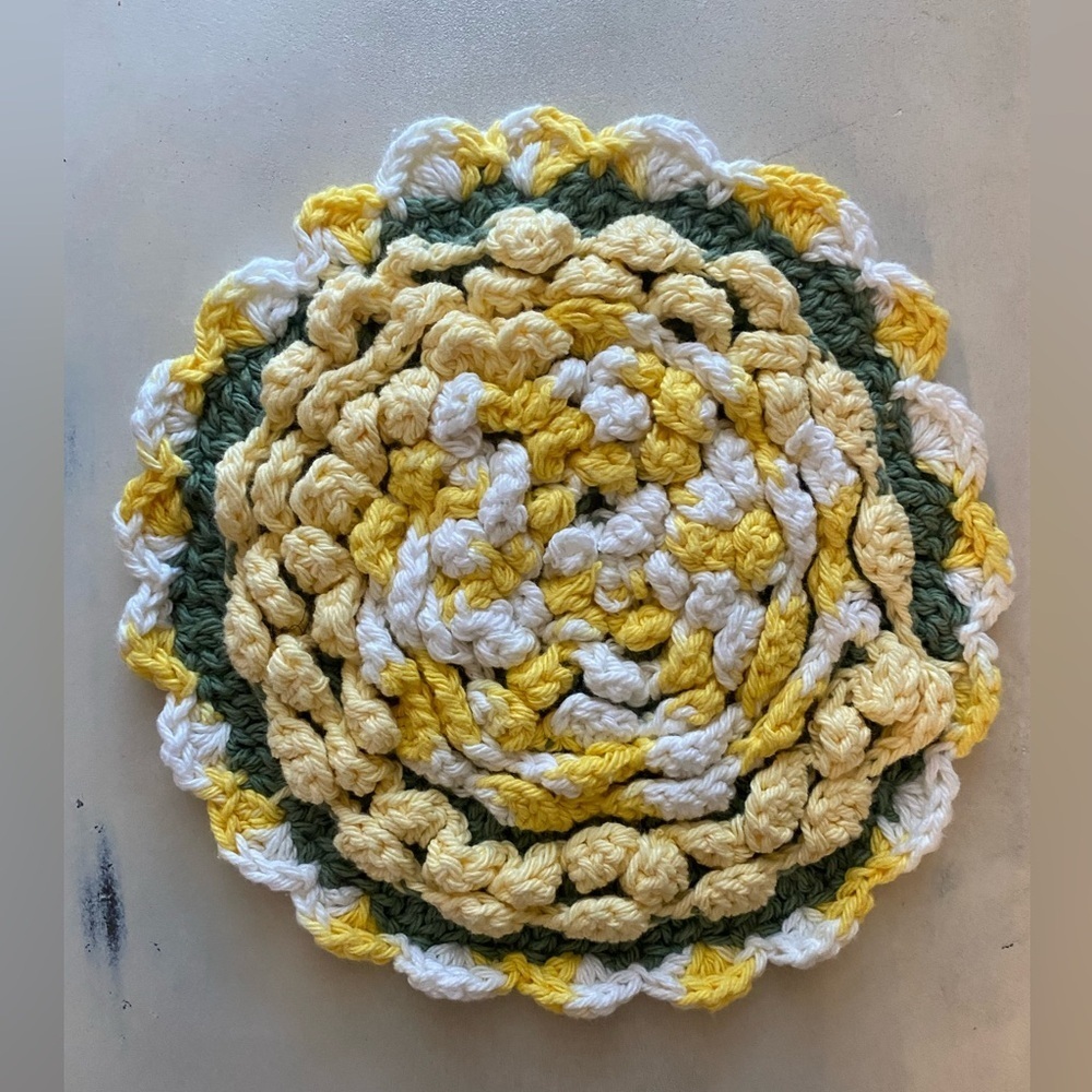 Vintage Hand Crochet White, Green Yellow Circular Shaped Trivet